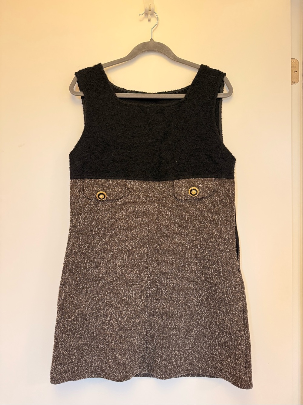 Preppy Wool Bouclé Shift Dress in Black and Gray